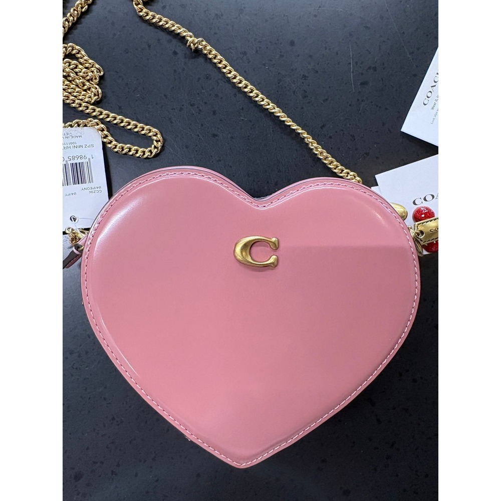 Coach Mini Heart Crossbody Bag Peony Pink Leather Gold Chain CC204 NEW